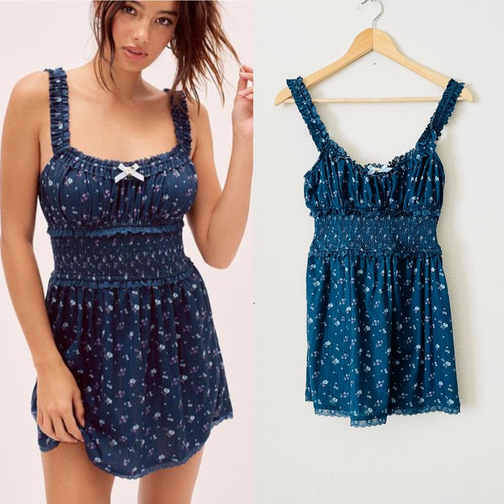 For Love & Lemons SMALL Lola Pointelle Mini dress in blue floral